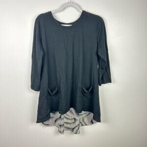 LOGO Lori Goldstein Black Gray Pink Swirl Blouse Tunic 3/4 Sleeve Size Medium